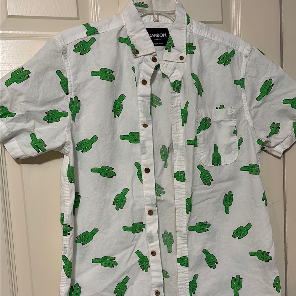 Carbon White and Green Cactus Print Men's Shirt size Small